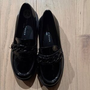 Marc Fisher Glossy Black Loafers with Chain Accent